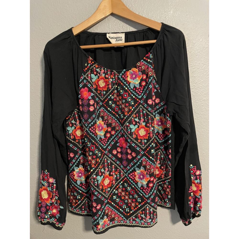 Savanna Jane Black Floral Embroidered Peasant Blouse